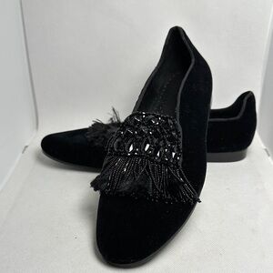 Vaneli Wenona Black Velvet Beads Fringe Rhinestones Flats Loafers Size 7.5 M